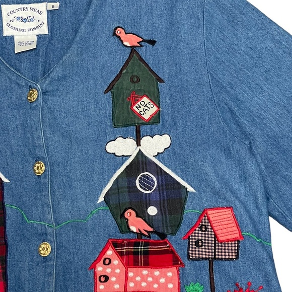 VTG 80s Country Wear Denim Patchwork Butterfly Shirt Size 8 S or M Bird Watcher - Picture 5 of 12